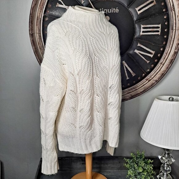 J Crew Pointelle Cable Mock Neck Sweater Creamy White Large Super Soft - Picture 2 of 10